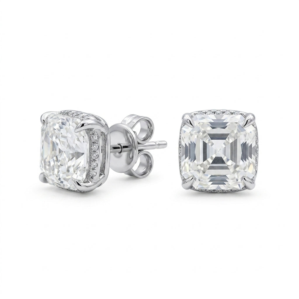 Asscher Kesim Hidden Halo Mozanit Küpe | 6 CT Toplam
