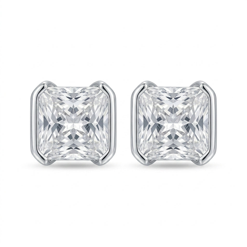 Asscher Kesim Half Bezel Mozanit Küpe | 8 CT Toplam