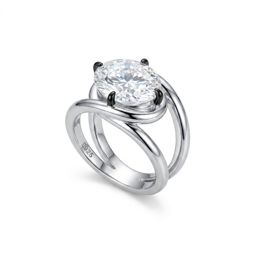 Solitaire Oval Mozanit Yüzük | Siyah Rodyum Tırnaklı 4 Carat
