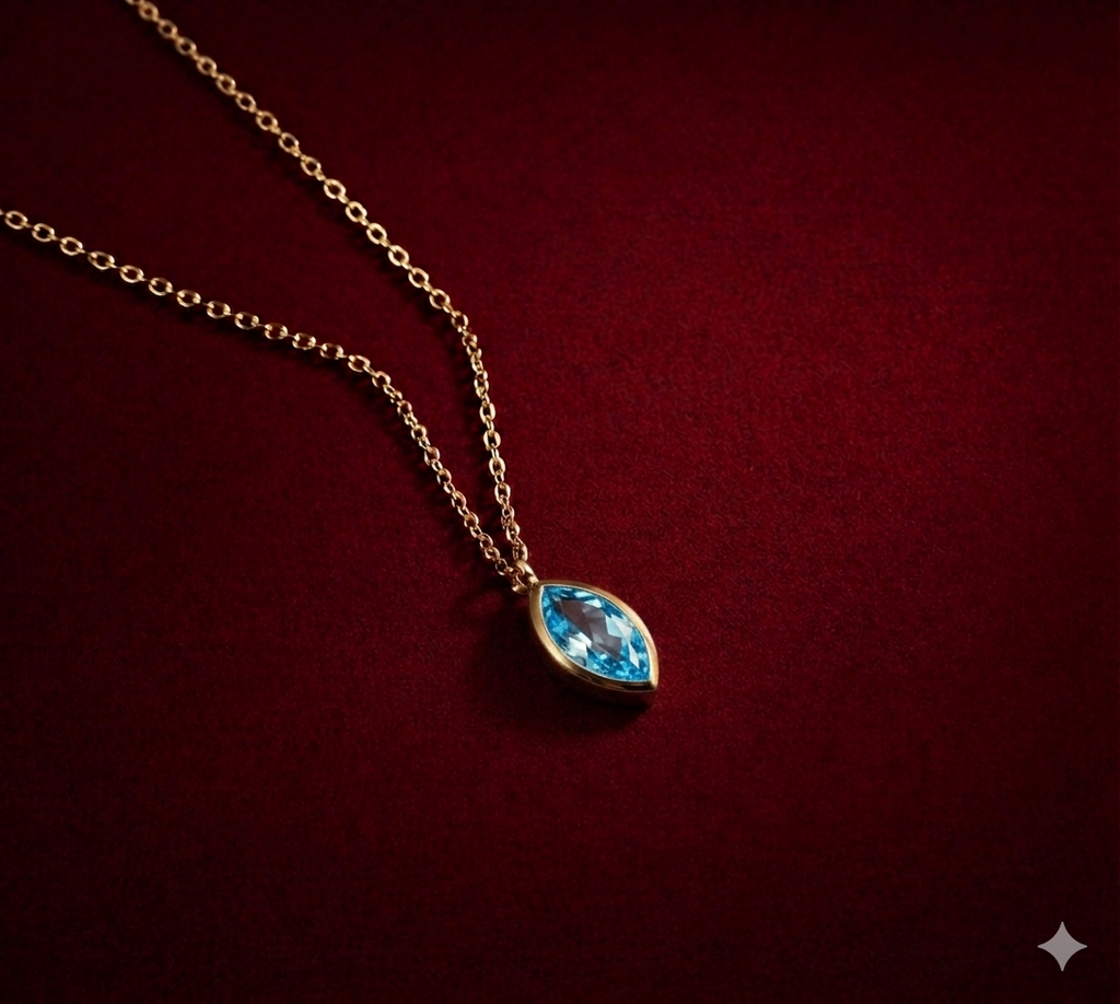 Aralık Blue Topaz Markiz Birthstone Kolye